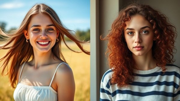 Two different young women in a composite image, contrasting expressions.