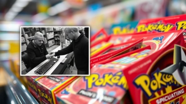 Close-up of Pokémon card packs with theft footage.