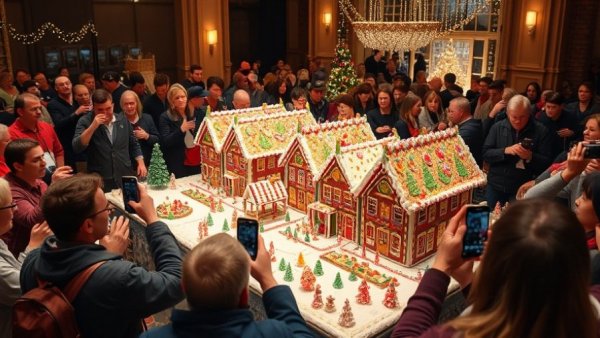 Houston gingerbread display with colorful decorations and crowd.