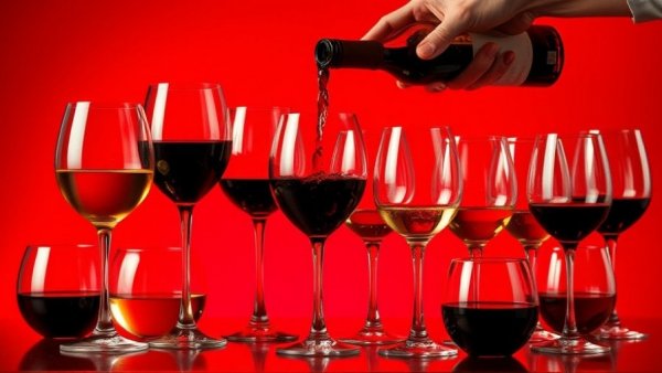 Assorted wine glasses with hand pouring on red background for how to quit drinking.