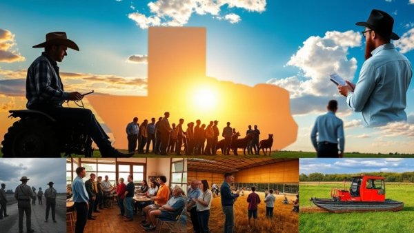 Diverse Texas scenes collage with farmer, trooper, classroom - Texas news.