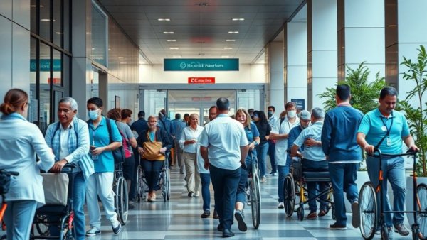 Busy hospital entrance, highlighting accessibility and health insurance costs in 2026.