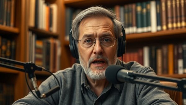 Middle-aged man discussing healthy aging habits in a library podcast setting.