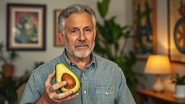 Man discusses avocado heart health benefits indoors.