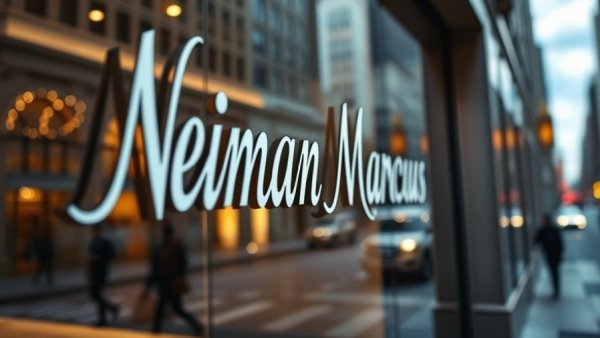 Neiman Marcus logo with blurred cityscape, Saks Global bankruptcy effects on Dallas luxury retail.