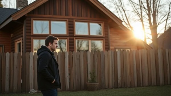 Two people discuss in a Baytown backyard with wooden fence.