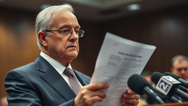 Drunk driving awareness press conference with serious older man reading document.