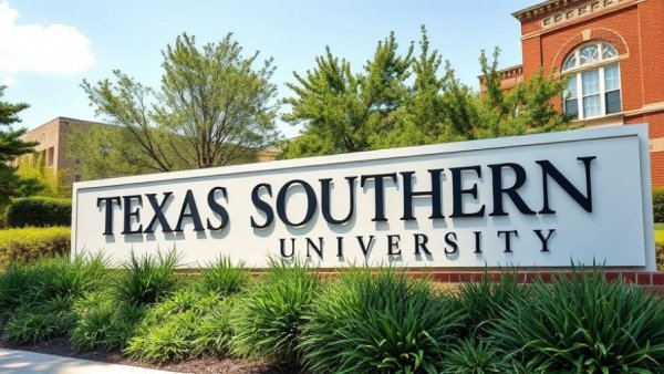 Texas Southern University entrance sign with greenery and brick building background. Texas Southern University audit.