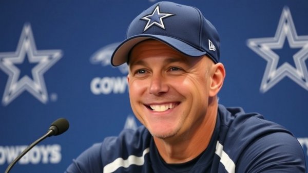 Dallas Cowboys press conference with smiling man, discussing attrition strategy.