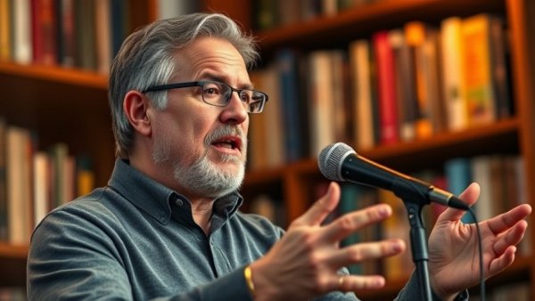 Middle-aged man passionately speaking, promoting healthy aging tips.