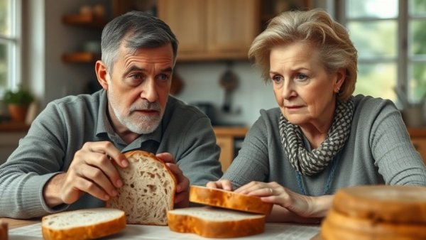 Concerned couple examines bread, discussing gas causes.