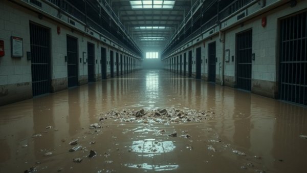 Trinity County Jail corridor showing infrastructure issues with flooding and debris.