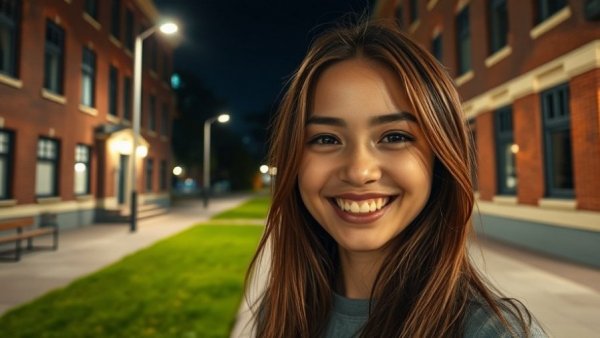 Image of a smiling woman inset on a night street scene with CCTV footage.