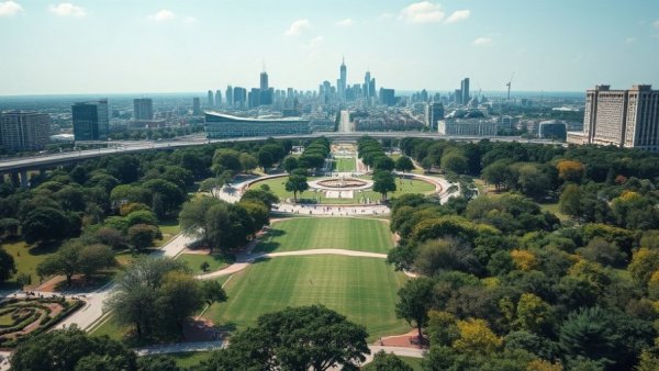 Aerial view of Dallas urban park with city skyline showcasing investment opportunities.