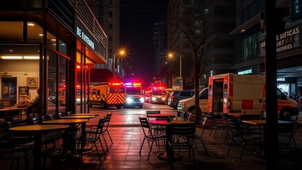 Crans-Montana Ski Resort fire aftermath with scattered furniture and emergency vehicles.