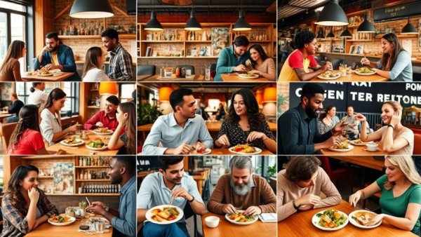 Collage of people enjoying healthy food in Katy dining settings.