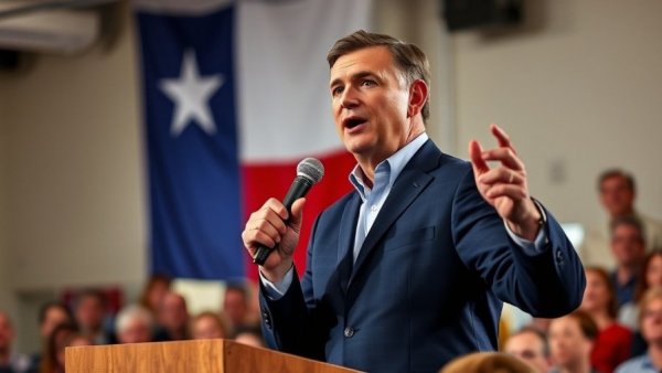 Texas Senate fundraising event with candidate and Texas flag.