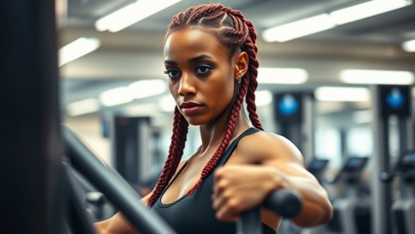 Woman using weight machine for full-body workout in gym.