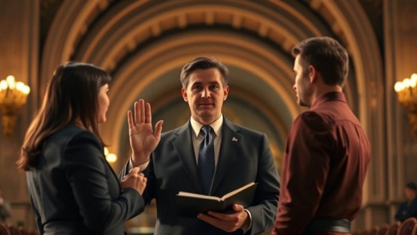 Man taking oath in a formal ceremony, nighttime setting.