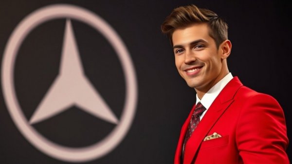 Confident young man posing at an event, red suit attire.