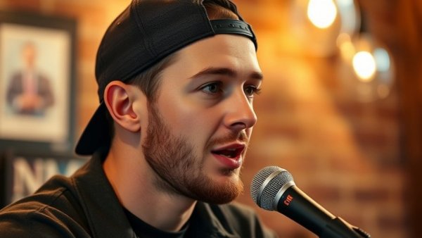 Casual speaker in podcast setting with brick wall backdrop.