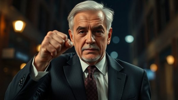 MAGA Inc. super PAC funding, elderly man raising fist in a dark setting