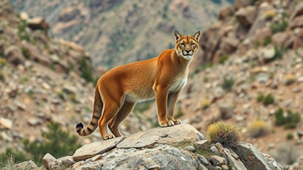 Mountain lion on rocky terrain in Colorado, alert and watchful.