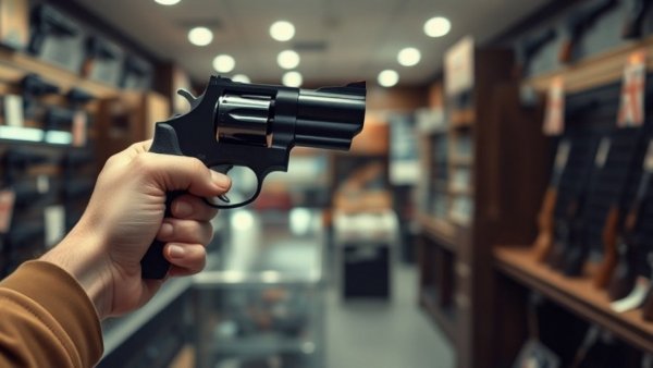 Hands inspecting black revolver in gun shop, showcasing firearm.