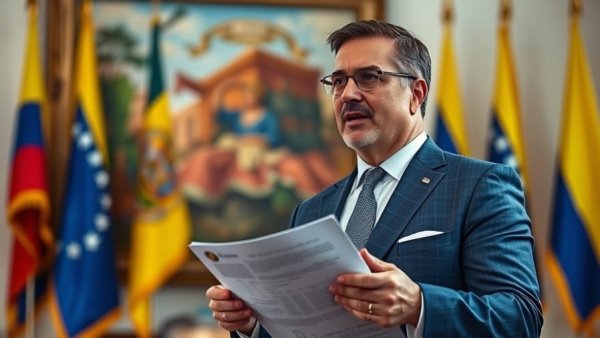 Public figure speaking with document against vivid backdrop, capture of Maduro.