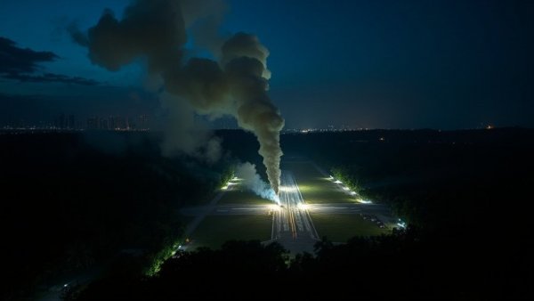 Nighttime scene of U.S. strikes in Venezuela with city skyline.
