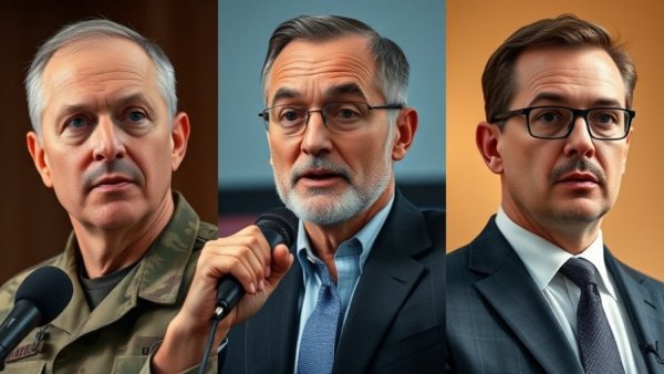 Composite of men in military and suits discussing US military news.