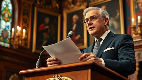 Public appearance of politician in ornate setting discussing with document.