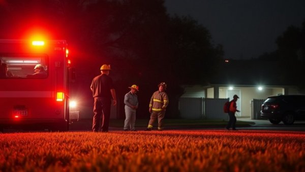 Firefighters conduct house fire investigation in Houston at night.