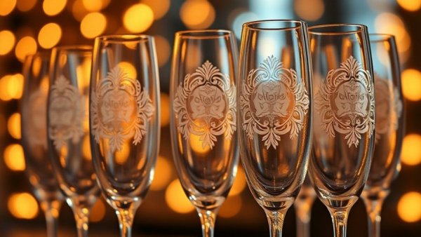 Elegant sparkling wines in etched glasses against bokeh lights.