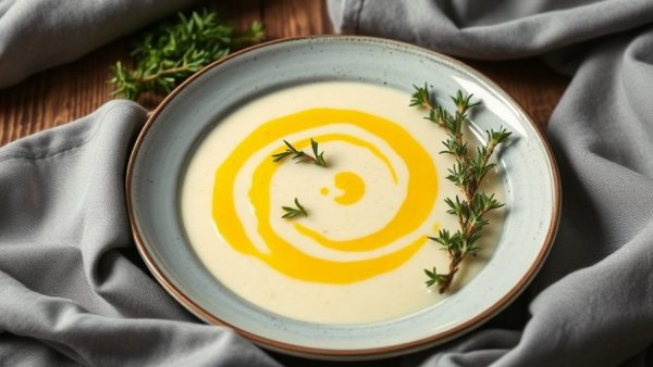 Cauliflower bisque with lemon thyme oil in bowl on wooden table.