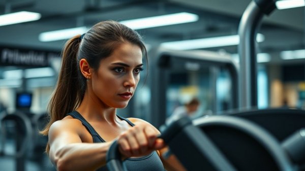 Focused woman performing full-body workout with weight machines in gym.