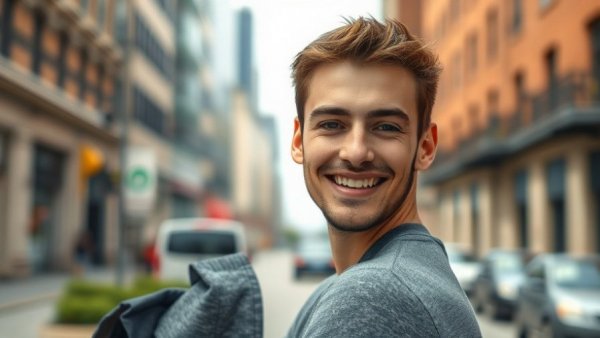 Young man smiling at Family Reunion Celebration backdrop.