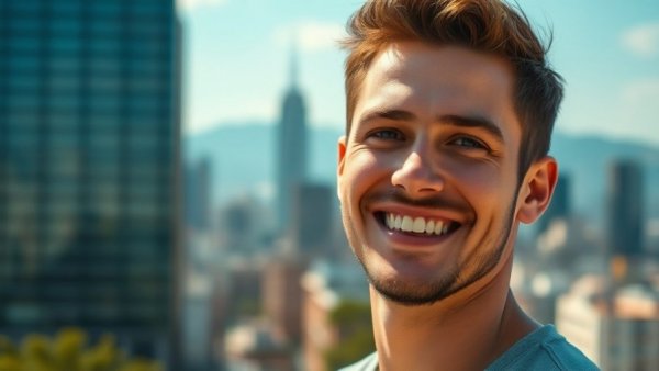 Young man smiling against a cityscape backdrop.