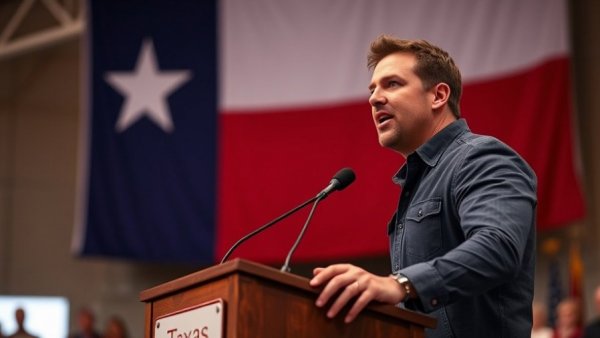 James Talarico delivering a speech for Texas Senate fundraising event.