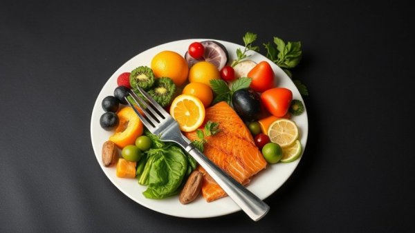 Intermittent fasting benefits visualized with healthy foods on a plate.