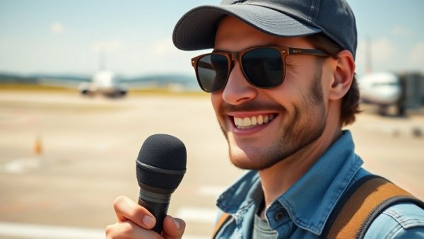 Smiling traveler with microphone at airport tarmac, Traveling for Sports.