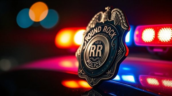 Round Rock Police badge with red and blue lights in Austin crime news.