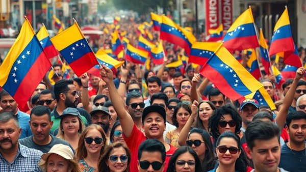 Venezuelan flags held by diverse crowd in vibrant street gathering.