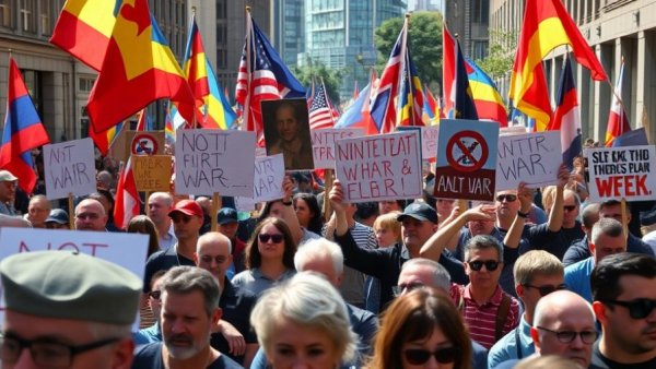 Protesters against U.S. military actions in Venezuela, vibrant street scene.