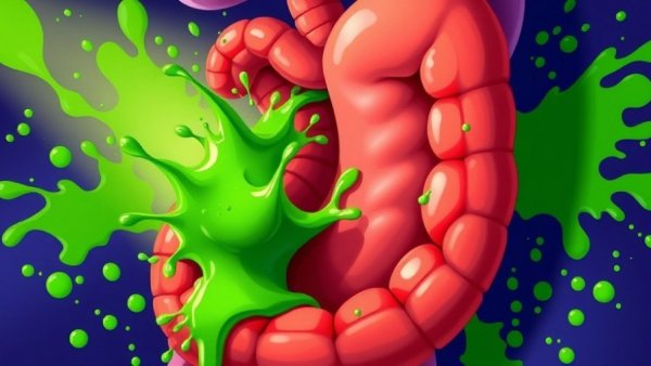 Cartoon stomach with green liquid, spotlight effect, healthy aging tips inspiration.