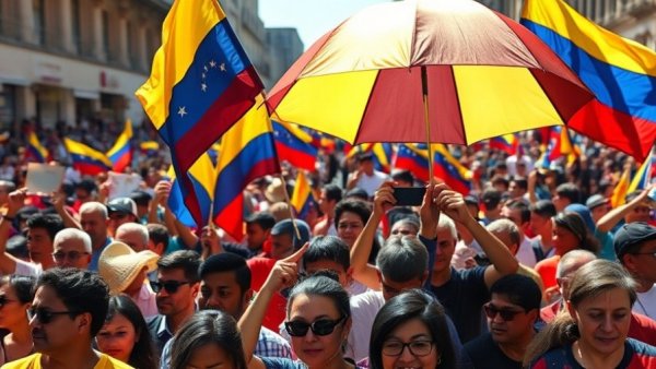 Venezuelan flags waved by a crowd during protest, symbolizing political change.
