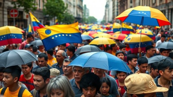 Venezuela flags held by protesters in a crowd, sunny day.