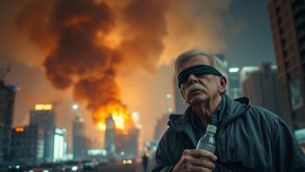 Dramatic scene of Venezuelan urban fire with a focused individual during U.S. military operation.