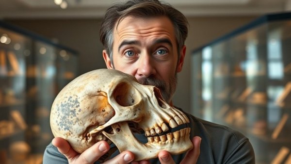 Middle-aged man examining an ancient skull in museum, human origins exhibit