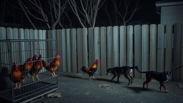 San Antonio animal cruelty scene with roosters and chained dog.